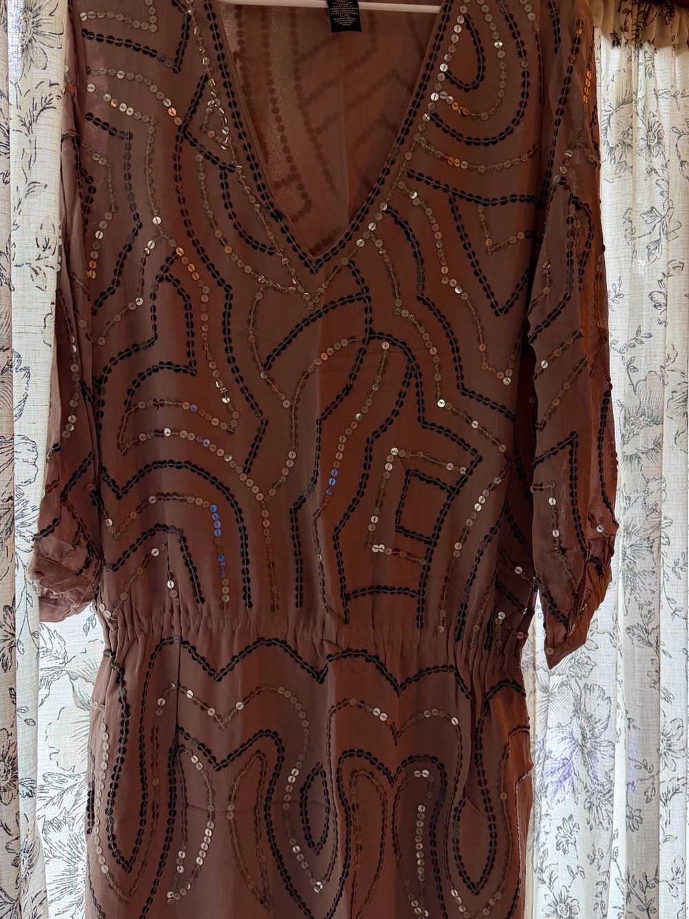 Moda International Taupe Sequin V‑Neck Midi Dress
